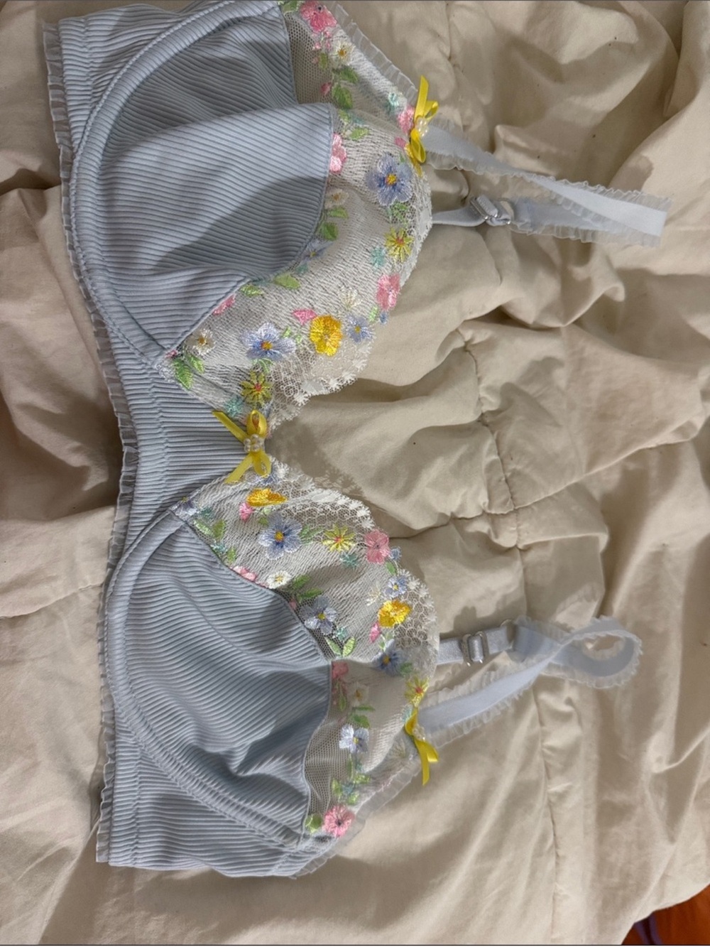 For Love And Lemons Light Blue Embroidered Floral Lace Bra with Yellow Bows